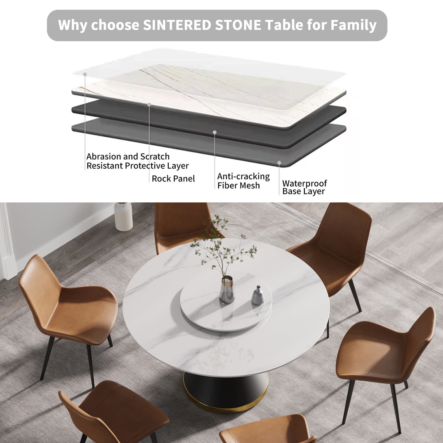 White marble sintered stone dining table with gold base and brown chairs