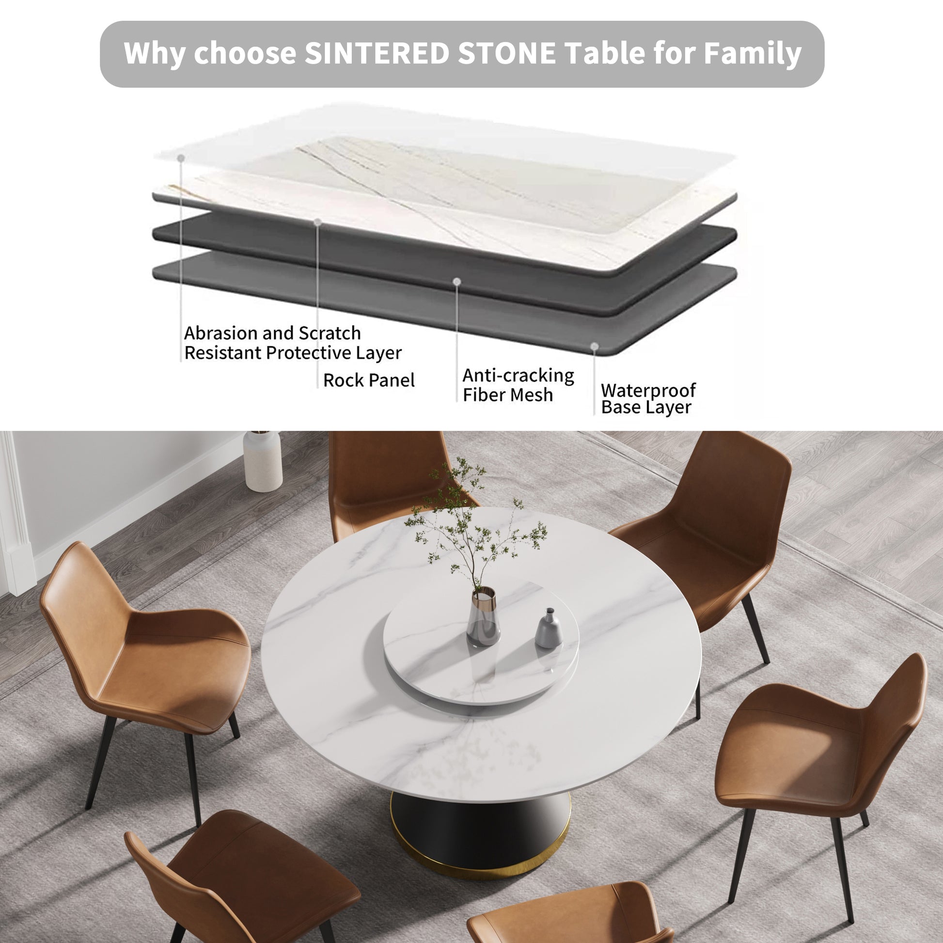 White marble sintered stone dining table with gold base and brown chairs