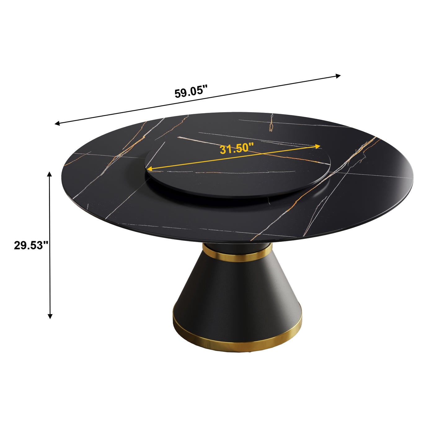 Black marble dining table with gold accents and rotating lazy susan