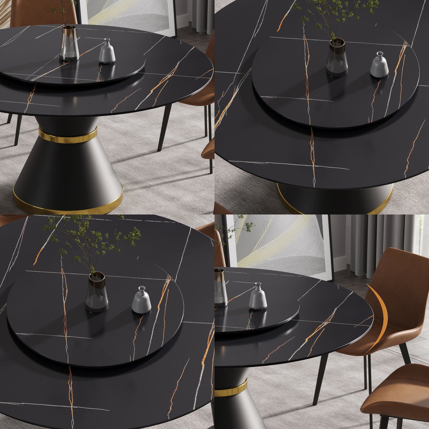Black marble dining table with gold accents