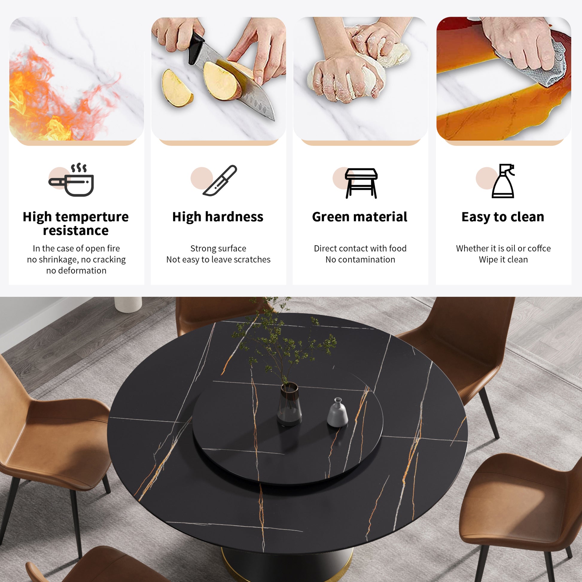Black sintered stone dining table with golden accents and rotating lazy Susan