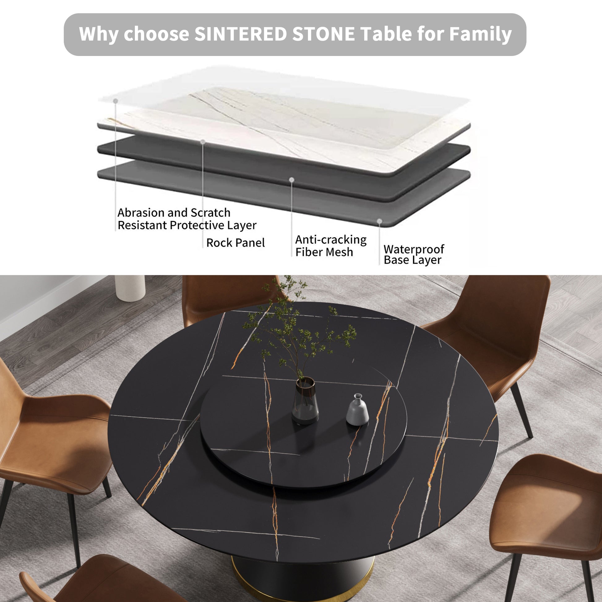 Sintered stone dining table with black marble pattern and gold veining
