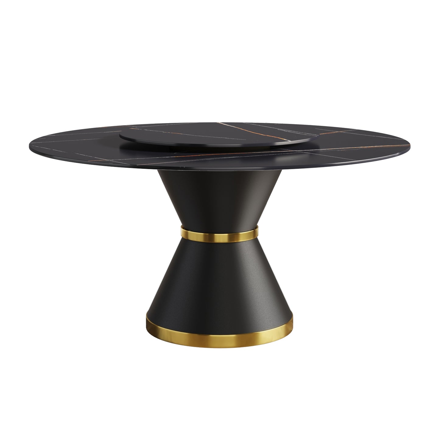 Black marble dining table with gold accents and a conical base