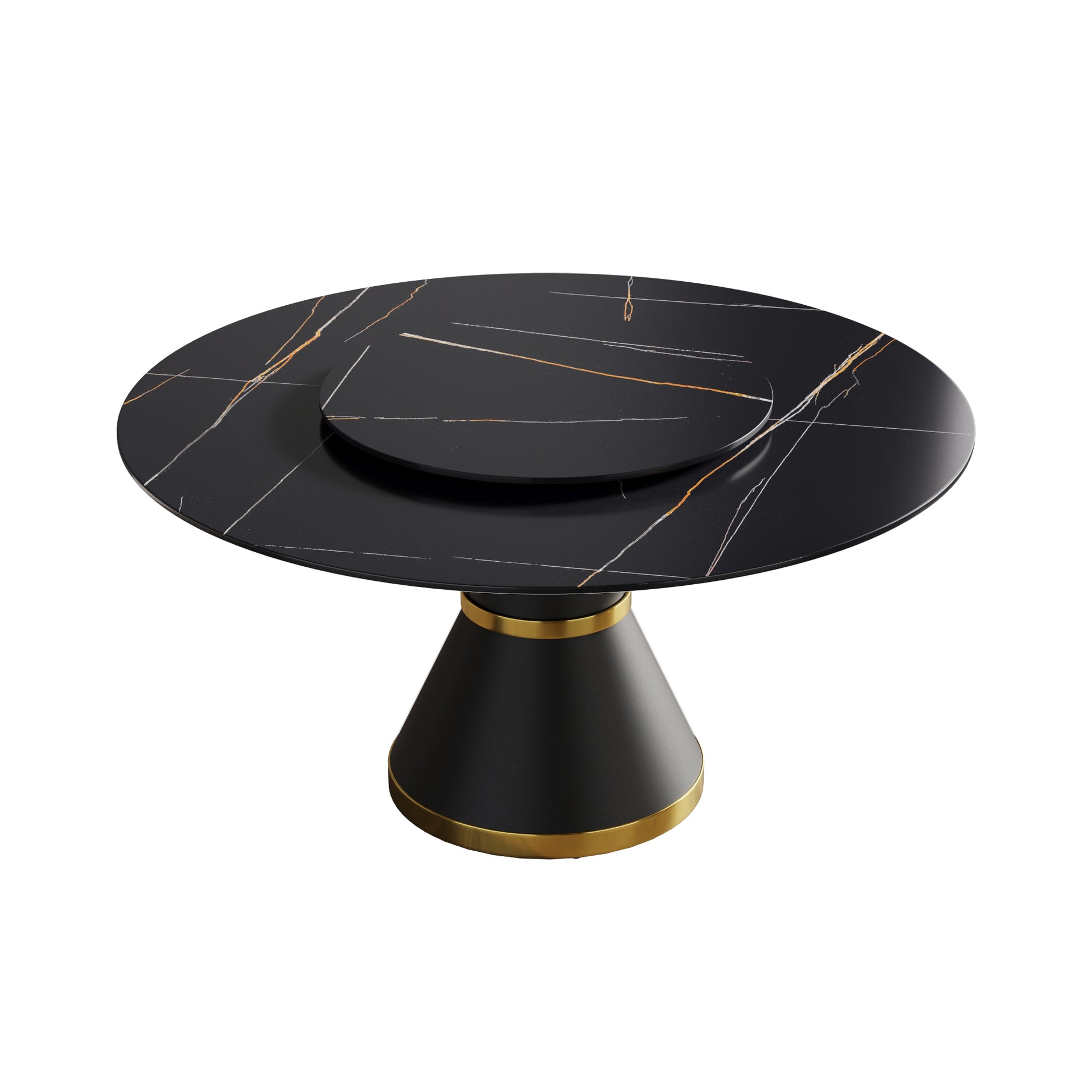 Black marble round dining table with gold accents