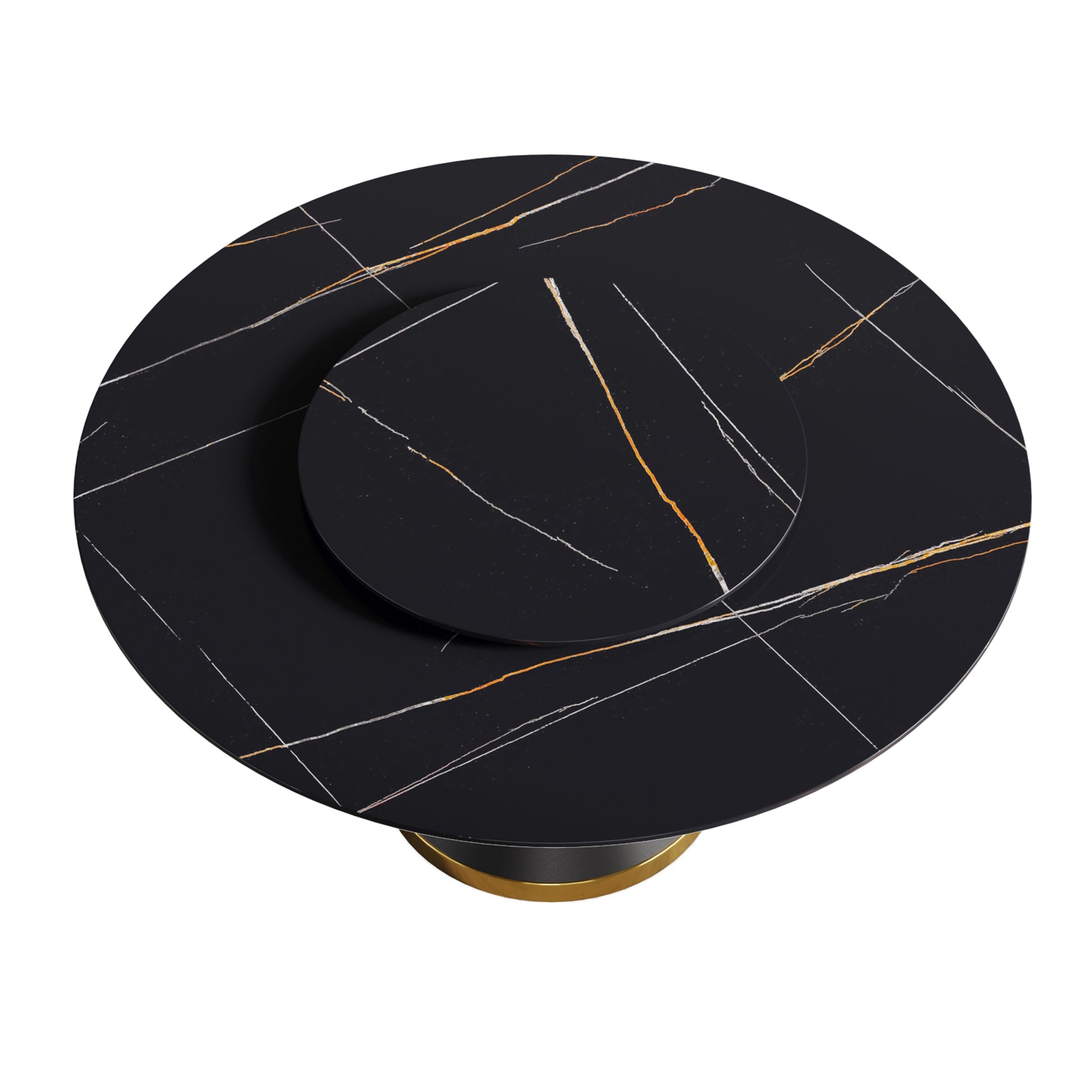 Round black marble coffee table with gold and white veining
