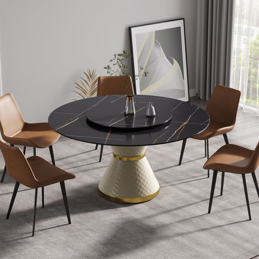 Black marble dining table with gold accents and plush brown chairs