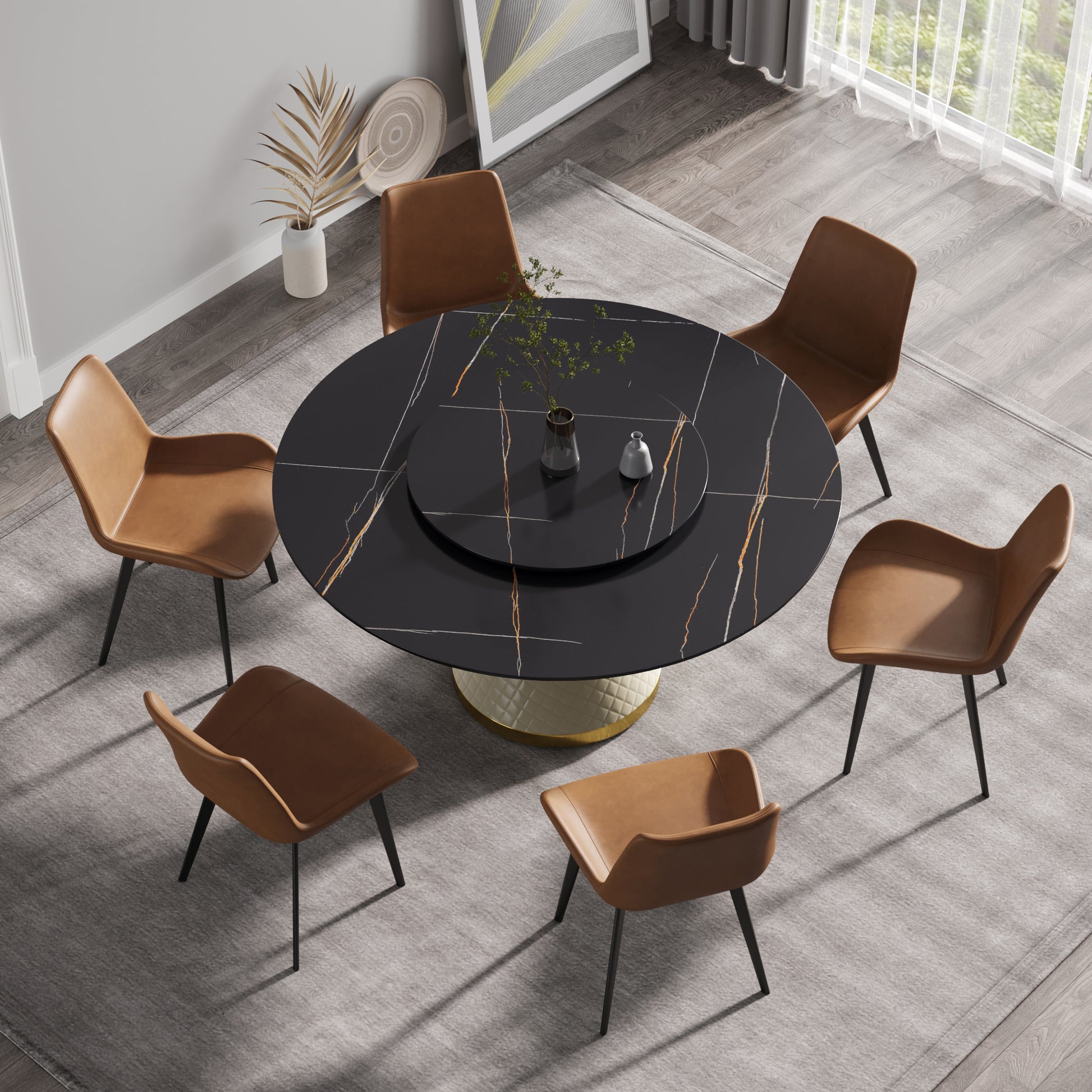 Black marble dining table with rotating tray and six brown leather chairs