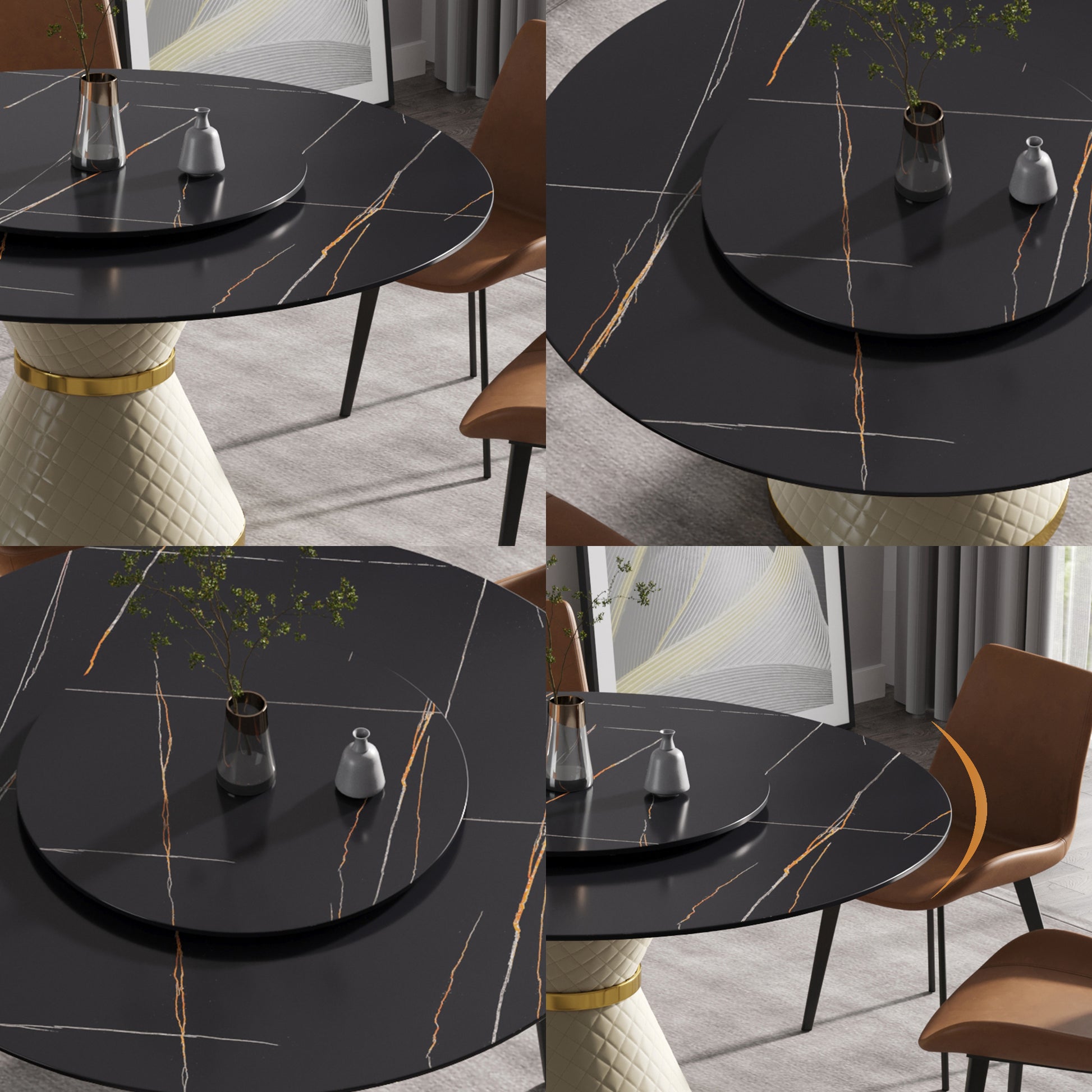 Black marble dining table with gold veining and rotating lazy Susan