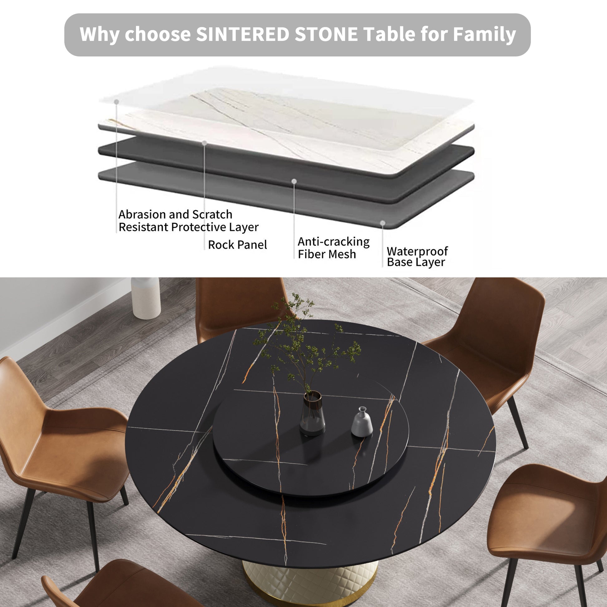 Black sintered stone dining table with gold veining and rotating tray