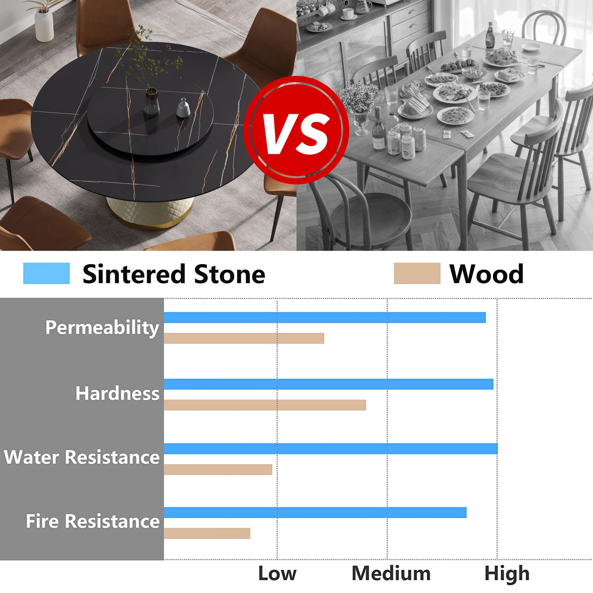 Round black sintered stone dining table with gold veining