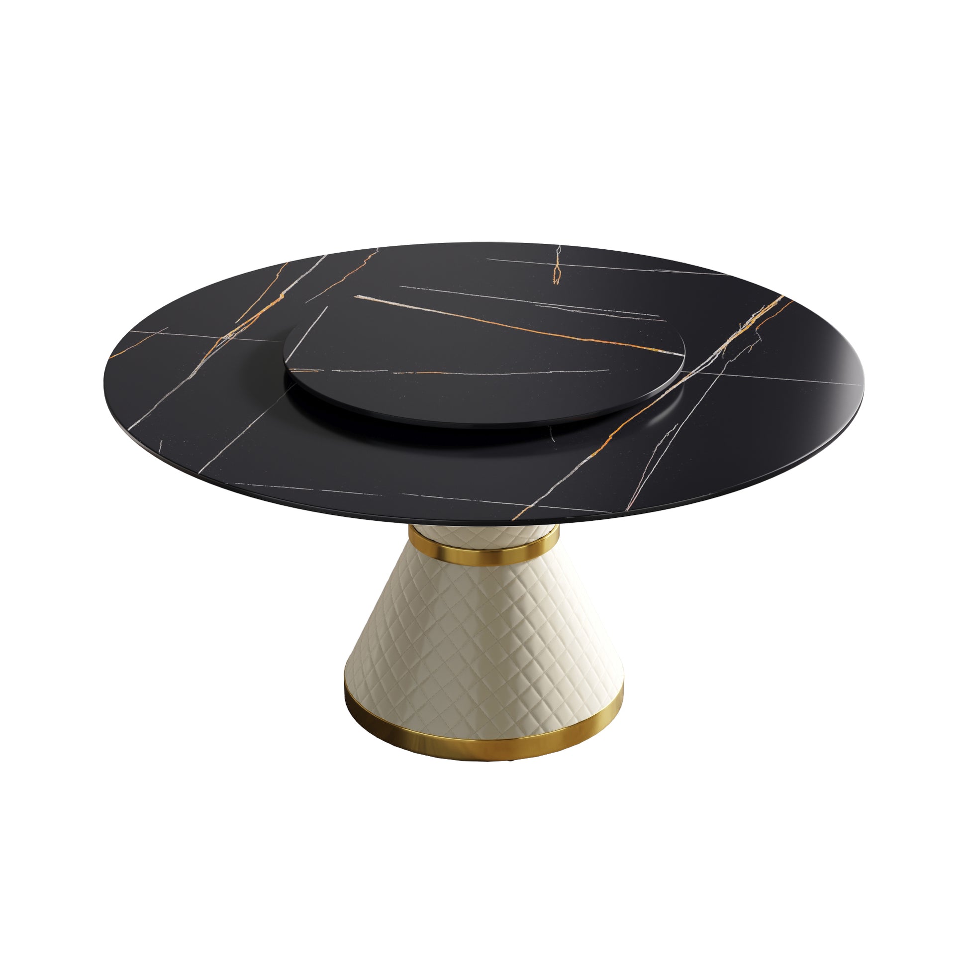 Black marble dining table with gold veining and quilted ivory base