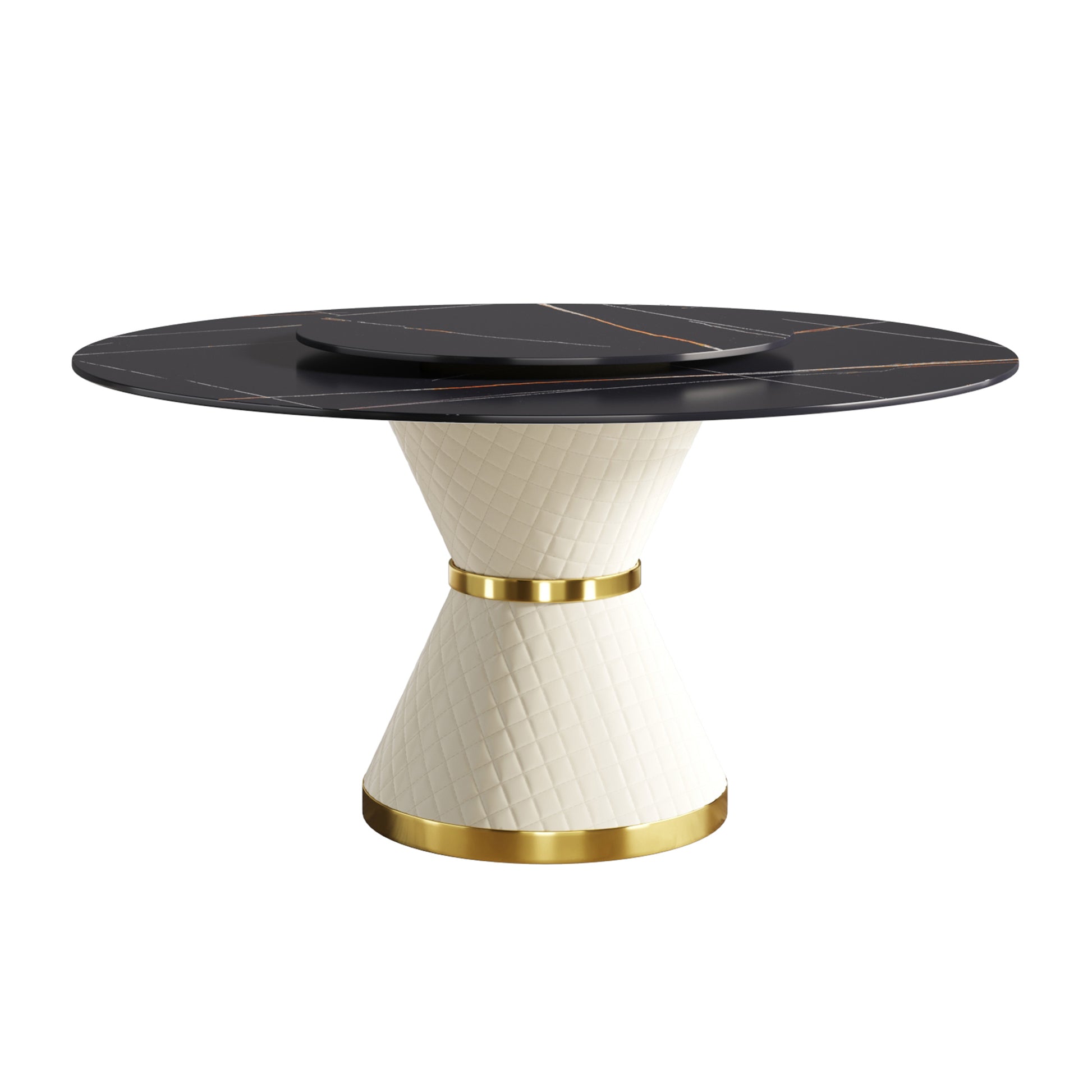 Modern round dining table with black marble top and cream quilted pedestal base