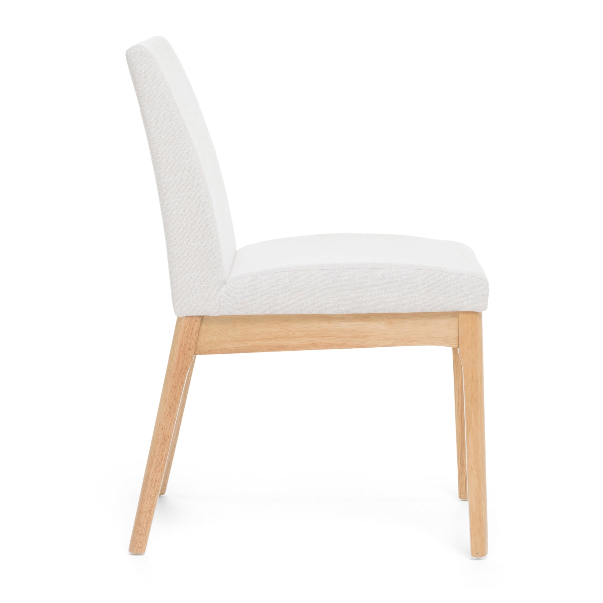 White upholstered dining chair with natural wood legs