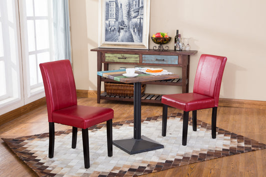 Red faux leather dining chair with black wooden legs