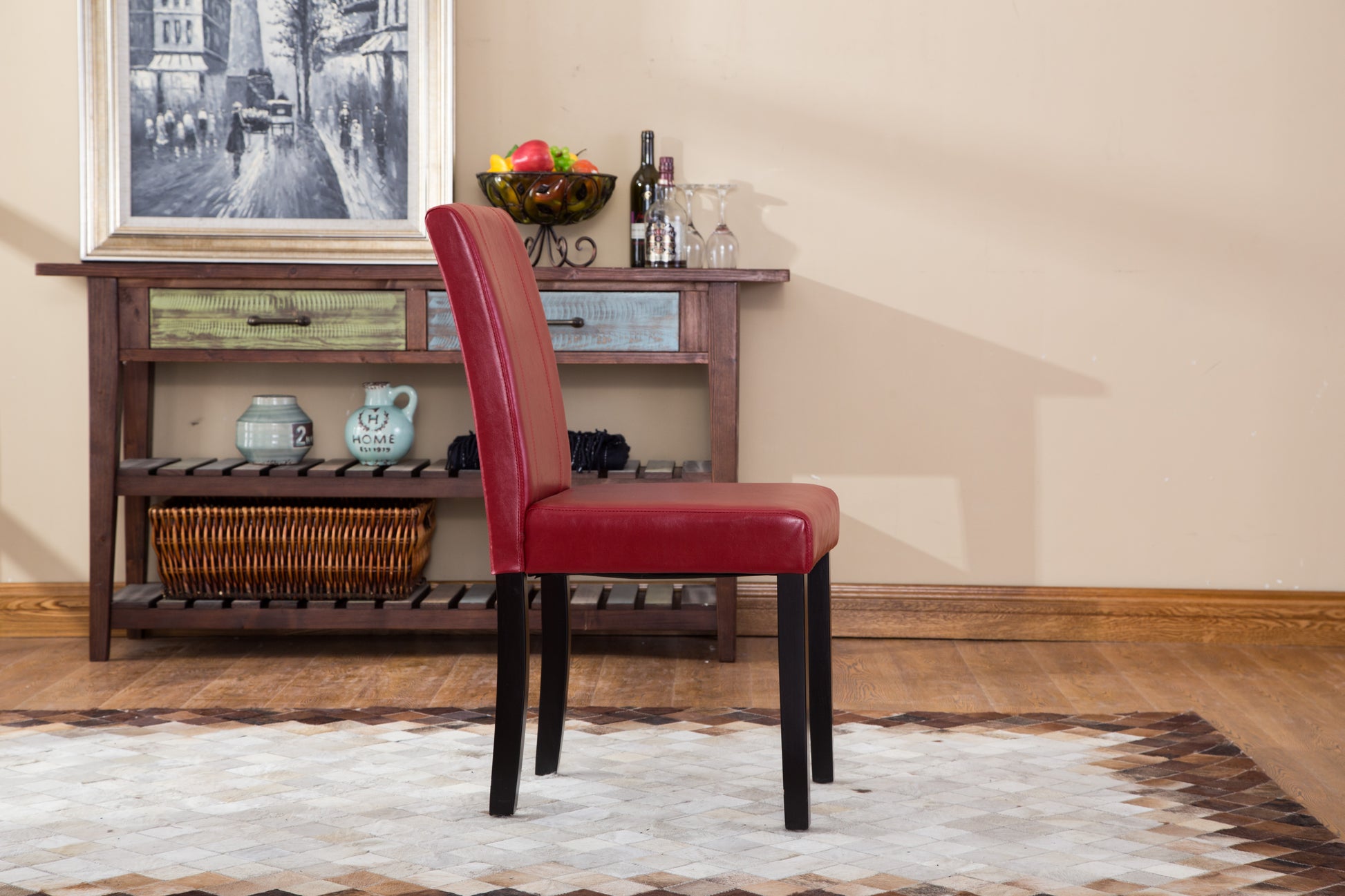 Red leather dining chair with black wooden legs
