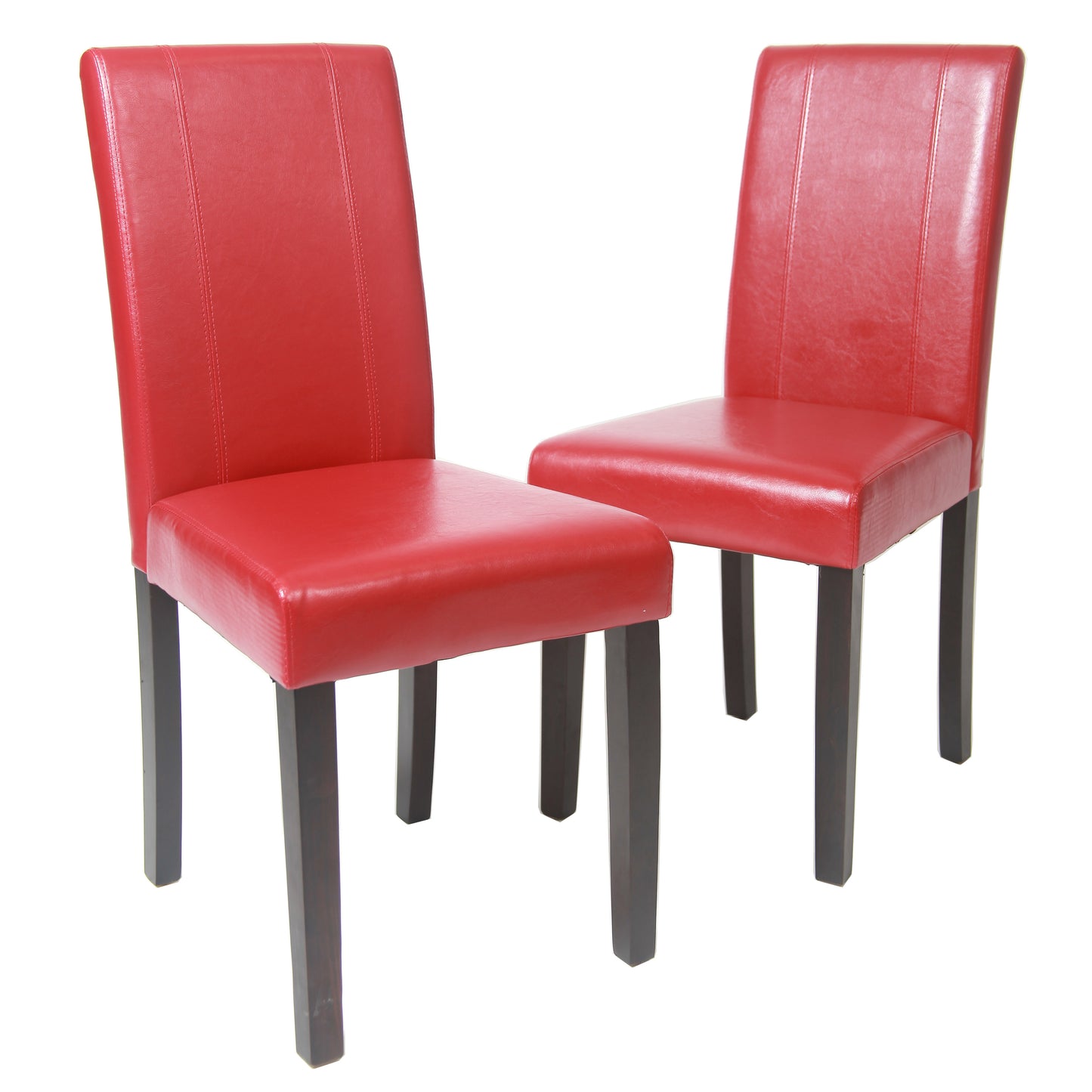 Red faux leather dining chair with dark wood legs