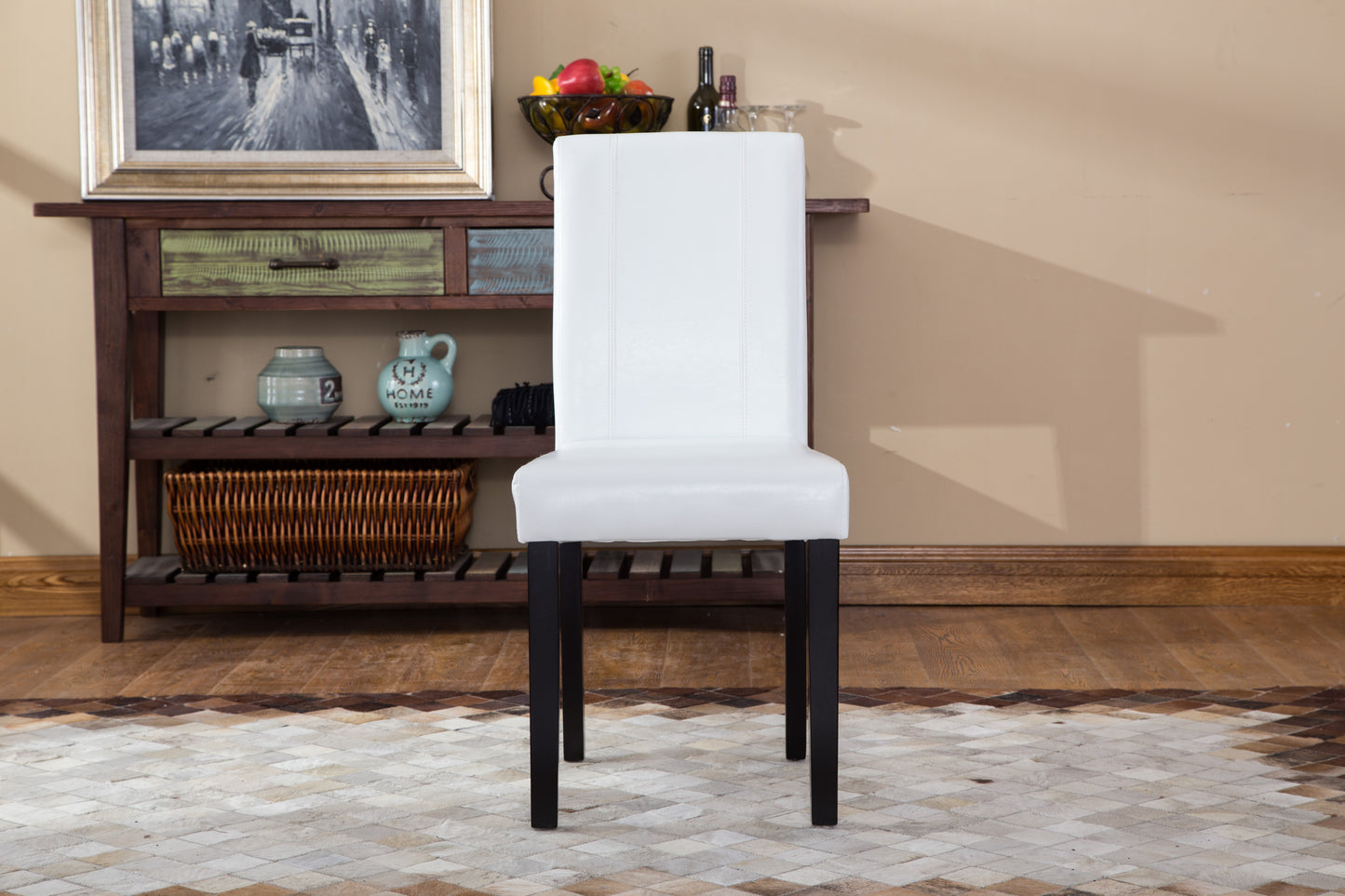 White leather dining chair with black legs