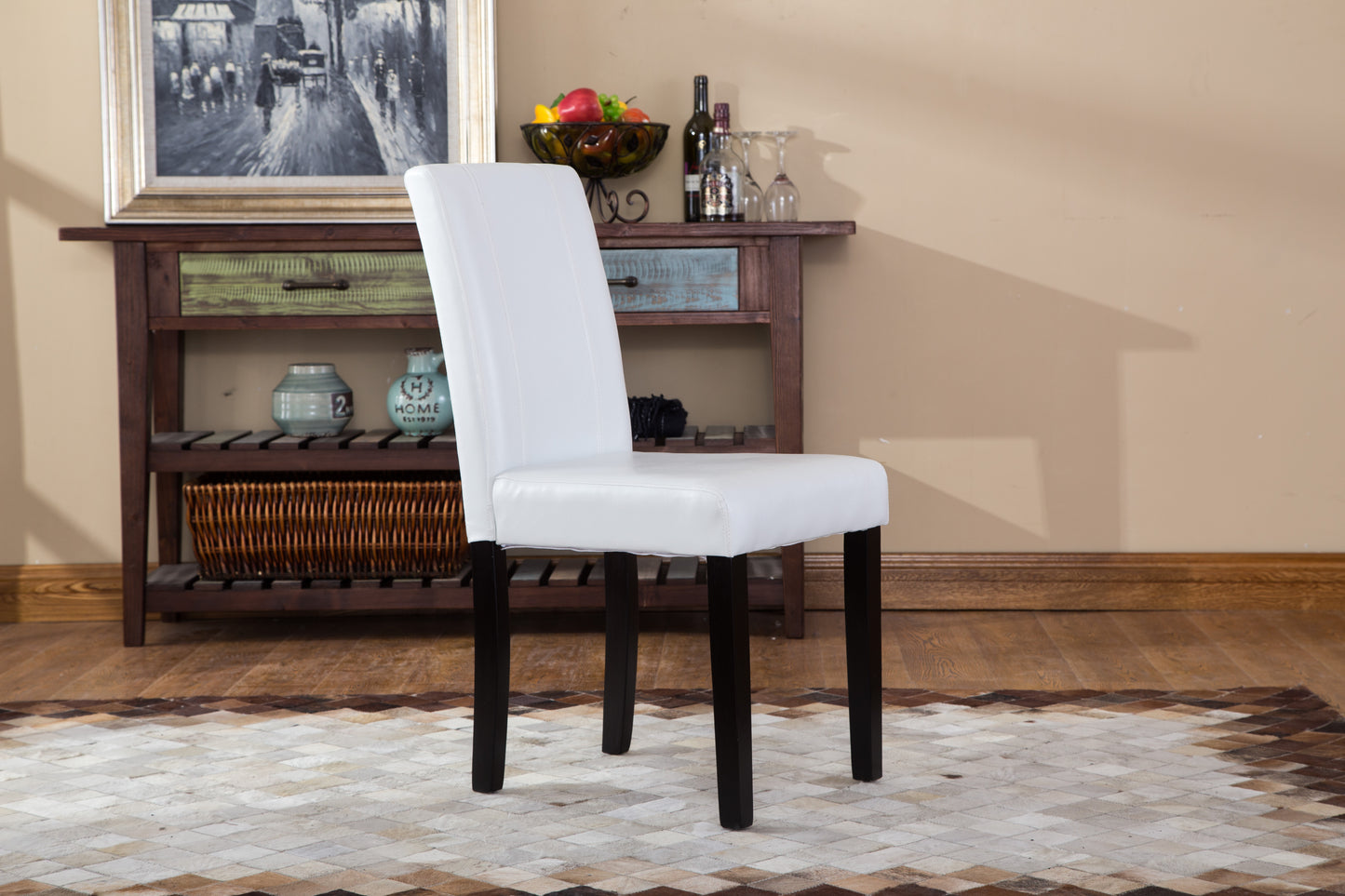 White leather dining chair with dark wood legs