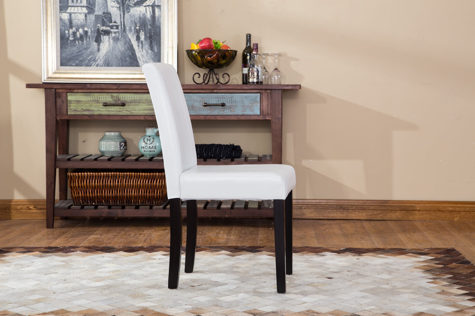 Modern white faux leather dining chair with dark wooden legs