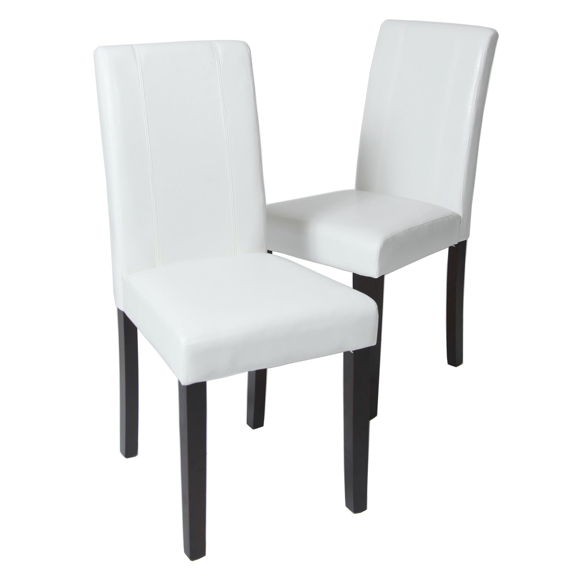 Modern white faux leather dining chair with dark wood legs