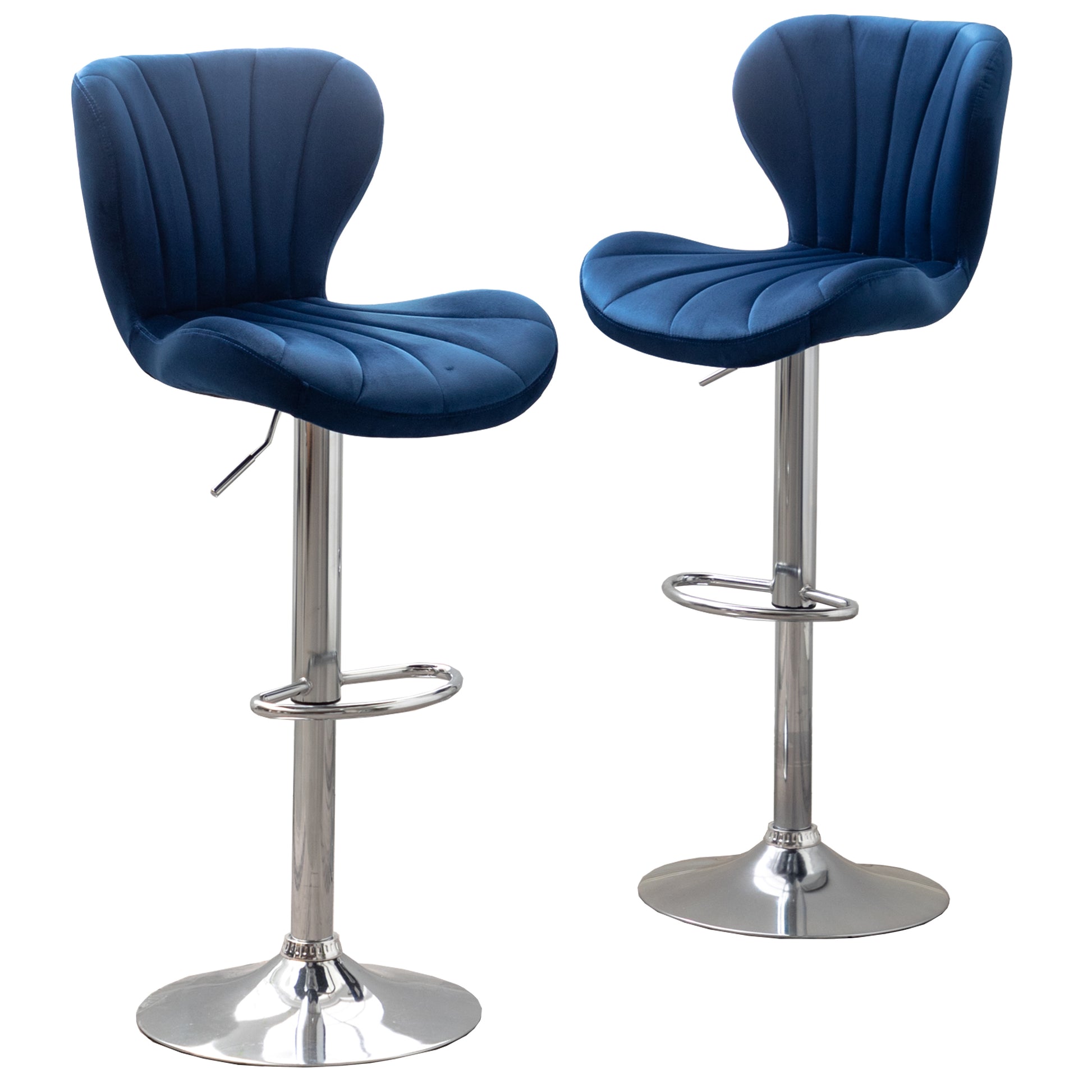 Navy blue velvet bar stool with pleated back and chrome base