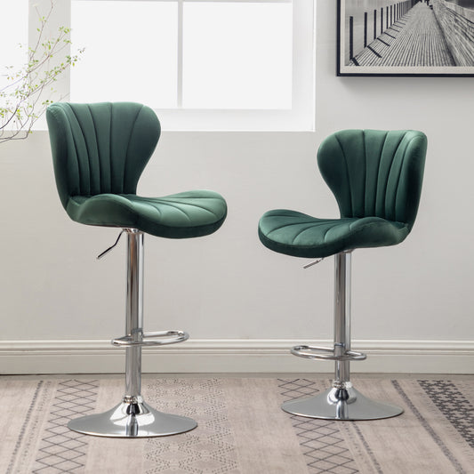 Deep green velvet bar stool with fluted back and chrome base