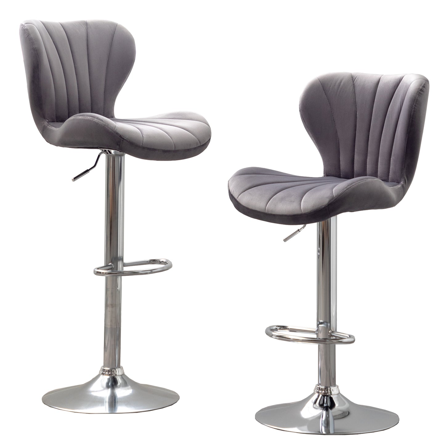 Grey velvet channeltufted bar stool with adjustable chrome pedestal