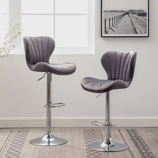 Gray velvet tufted bar stool with adjustable chrome base
