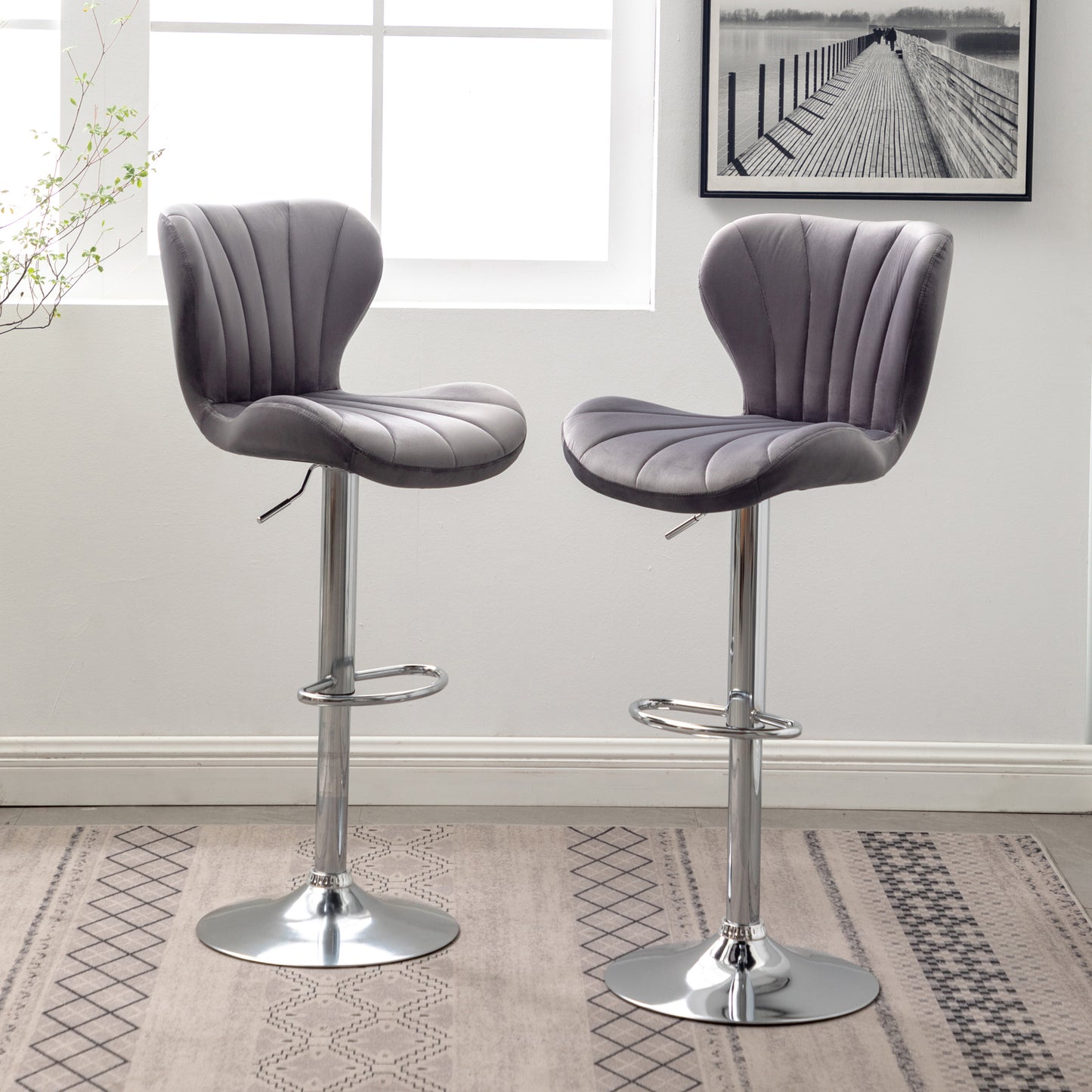 Gray velvet tufted bar stool with adjustable chrome base