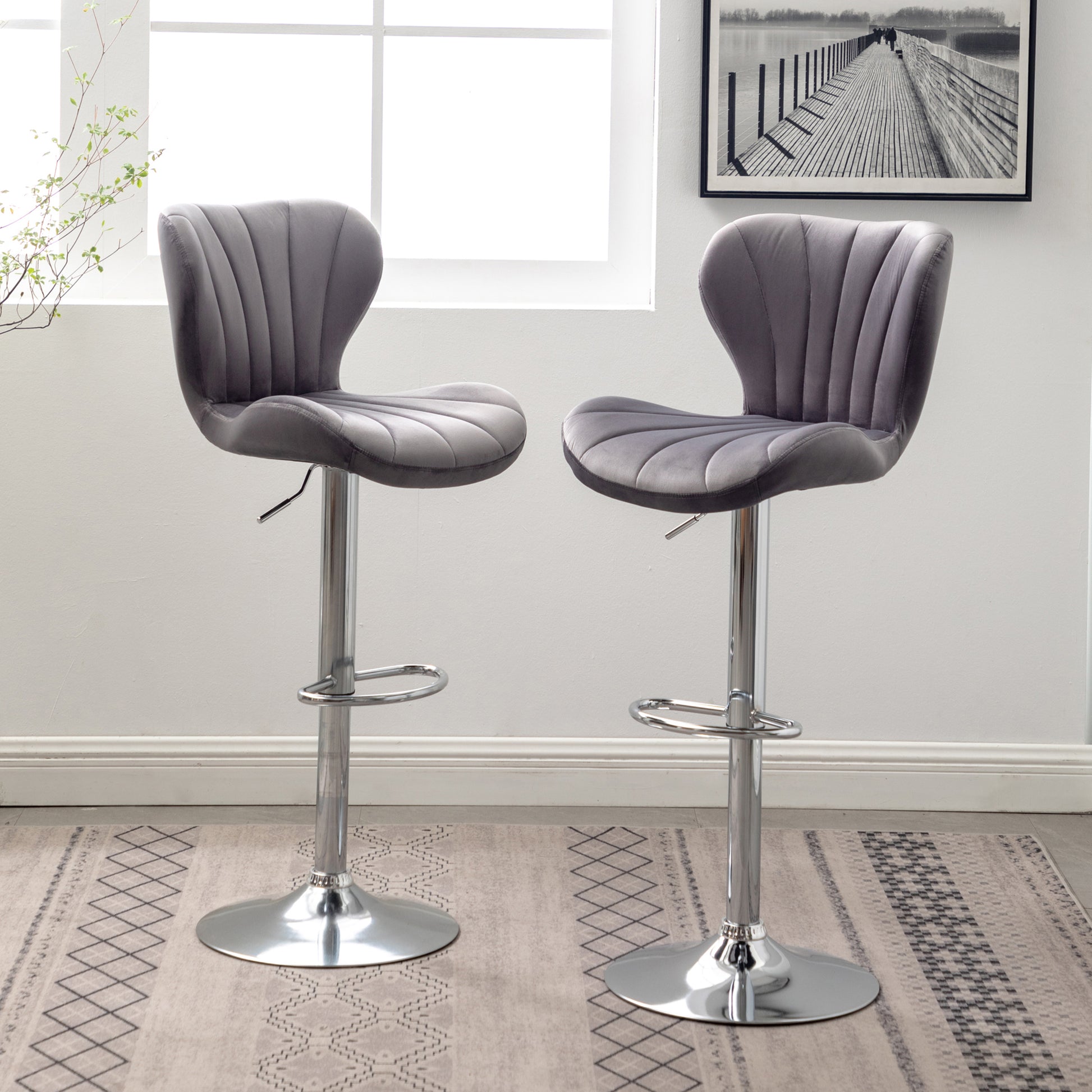 Gray velvet tufted bar stool with adjustable chrome base