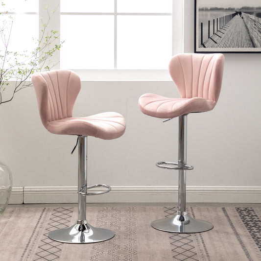 Pink velvet bar stool with fluted backrest and chrome base