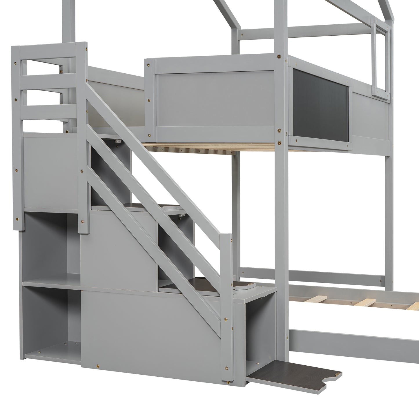 Gray wooden loft bed with builtin storage stairs and chalkboard panel