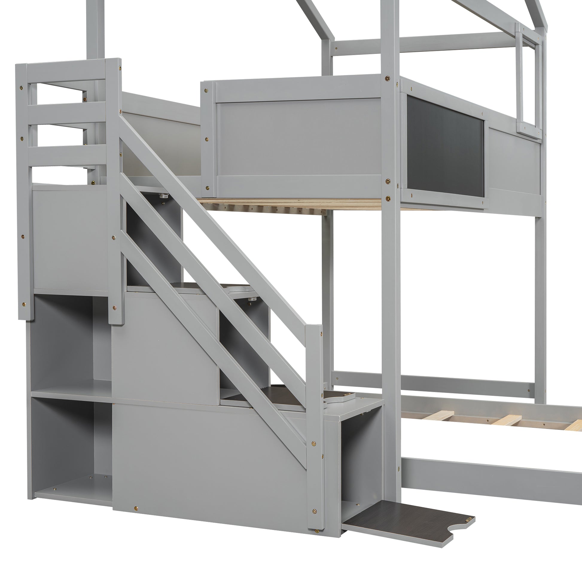 Gray wooden loft bed with builtin storage stairs and chalkboard panel