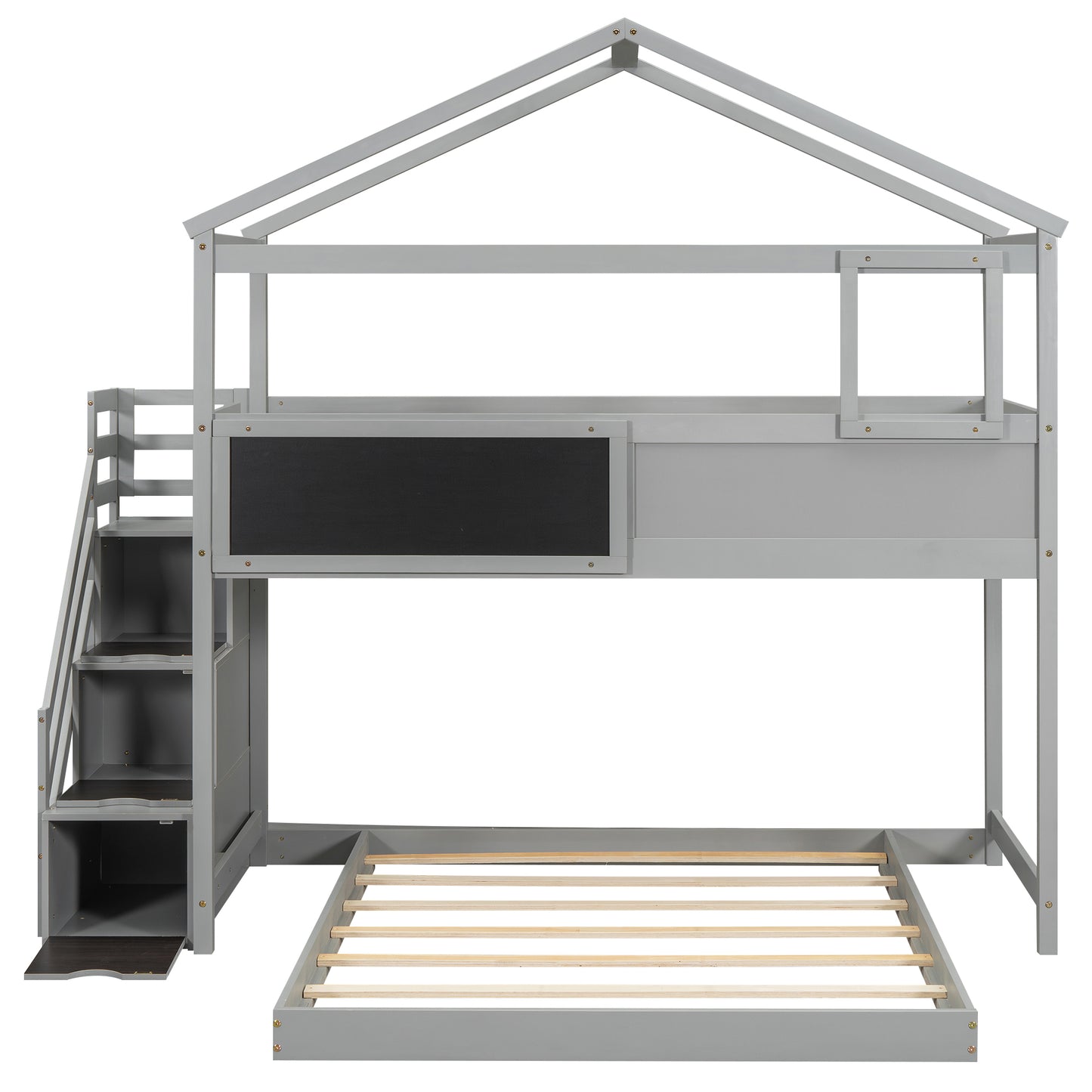 Gray wooden house loft bed with stairs and blackboard panel