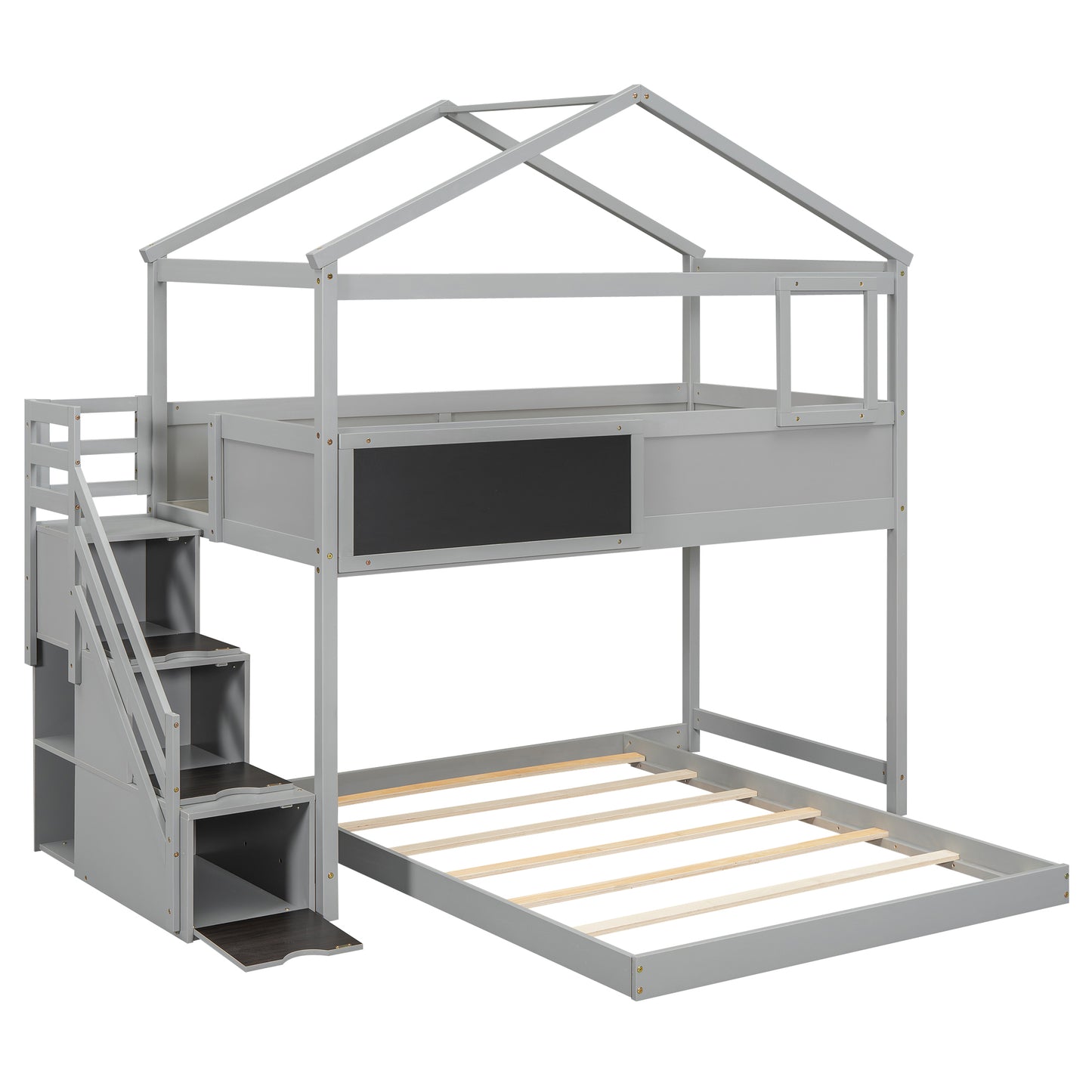 Gray wooden bunk bed with storage stairs and chalkboard panel