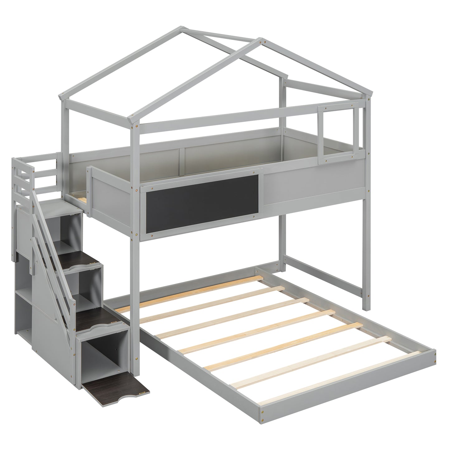 Gray loft bed with house frame and storage stairs