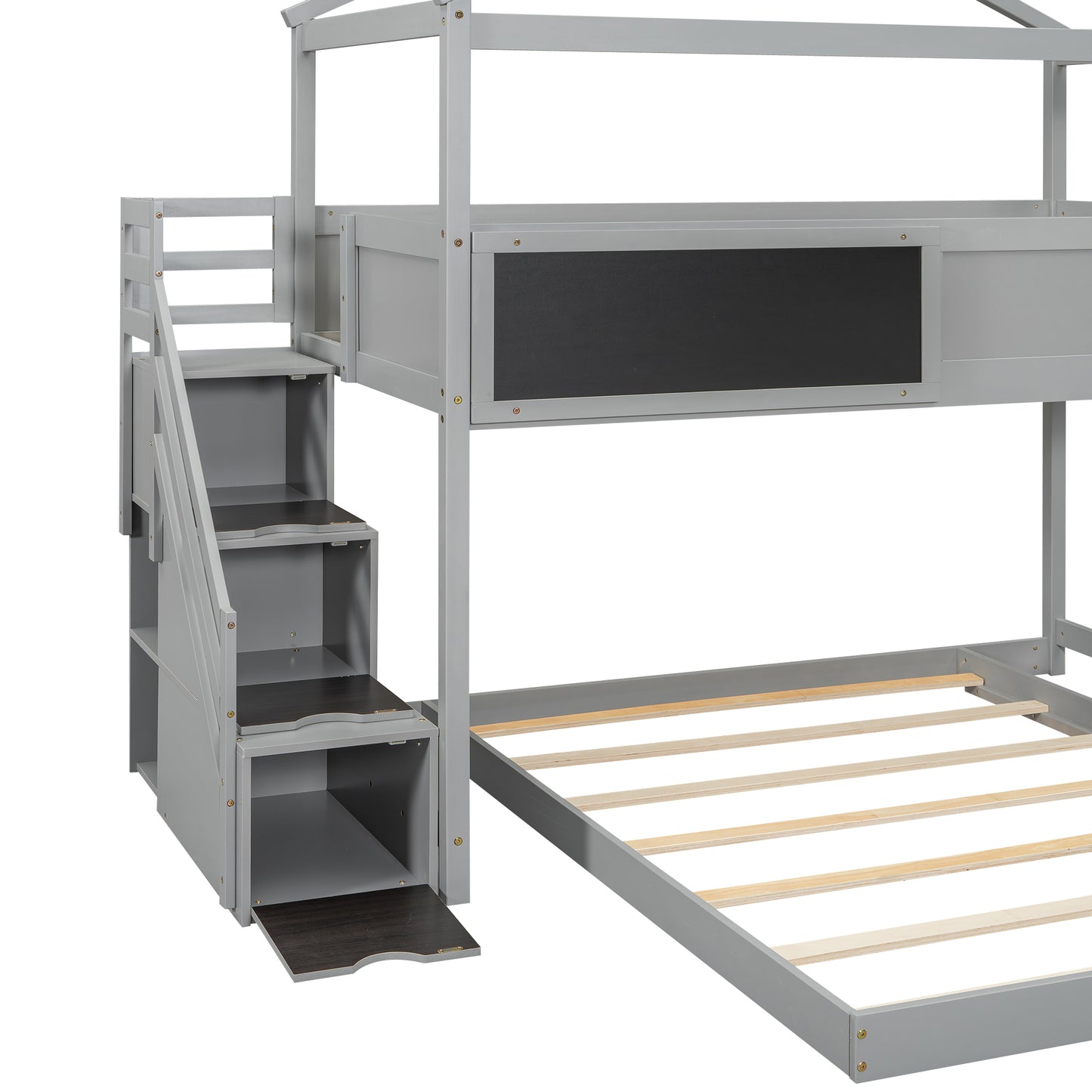 Gray wooden bunk bed with integrated storage stairs and chalkboard panel