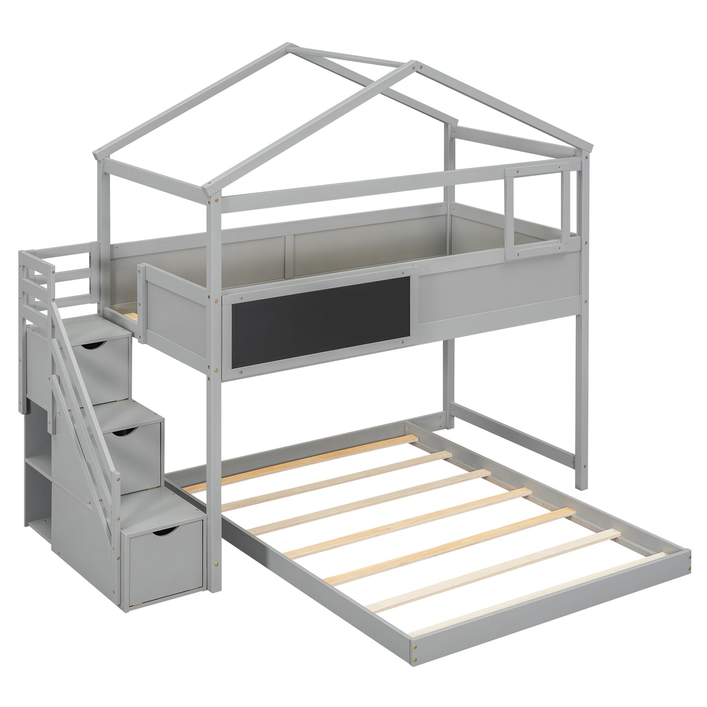 Gray wooden loft bed with stairs and chalkboard