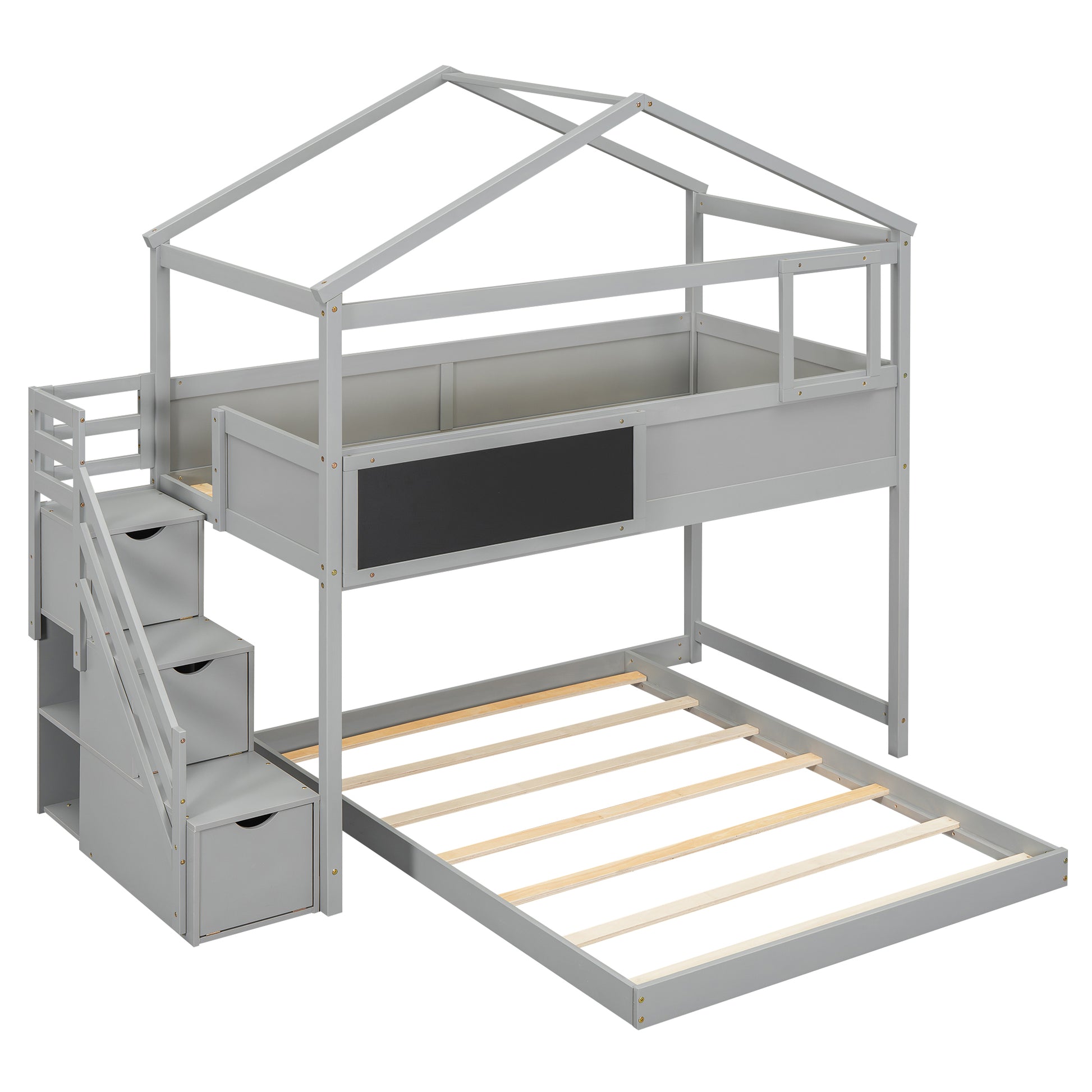 Gray wooden loft bed with stairs and chalkboard