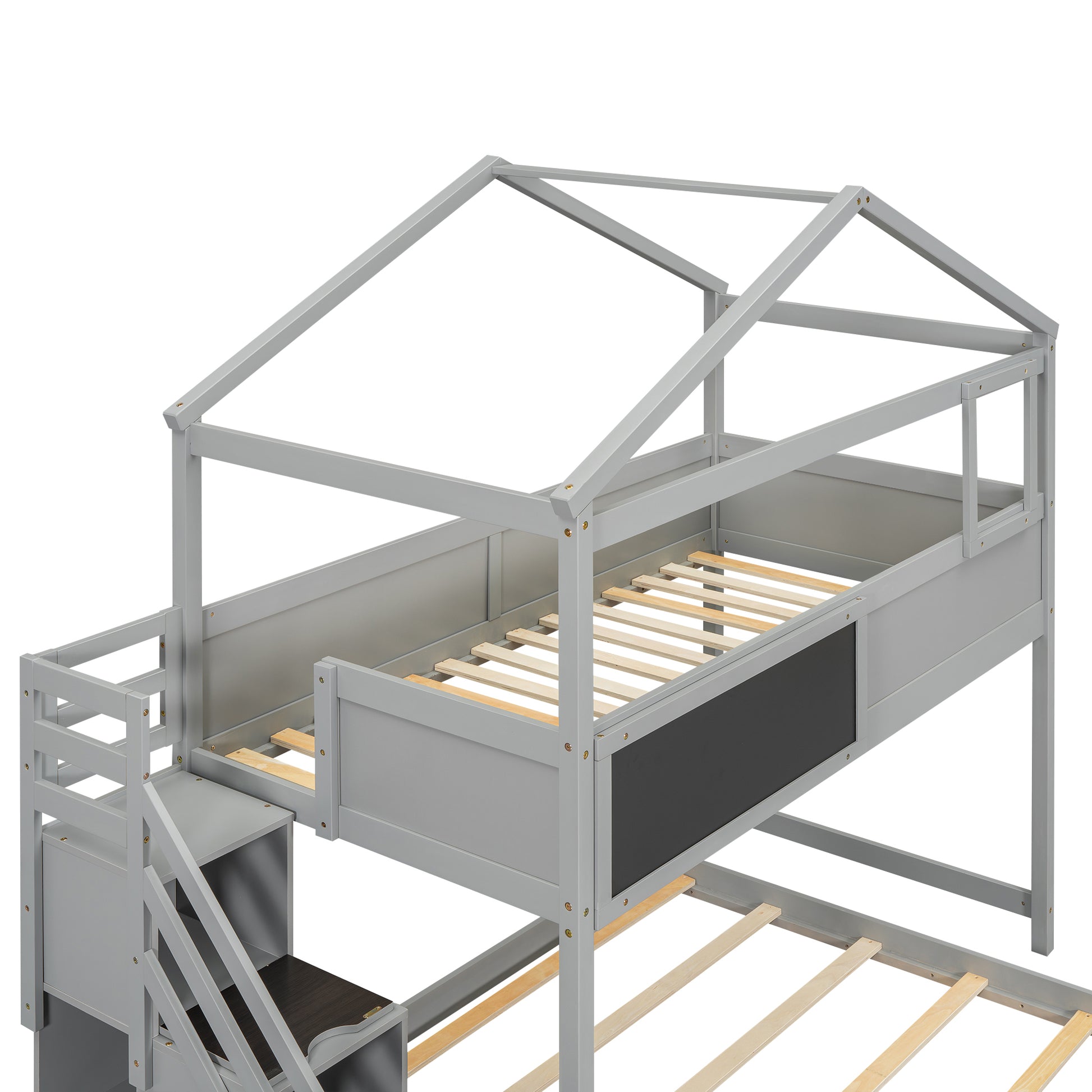 Gray wood bunk bed with stairs and houseshaped frame