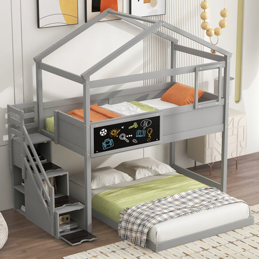 Gray wooden house bunk bed with attached ladder and chalkboard