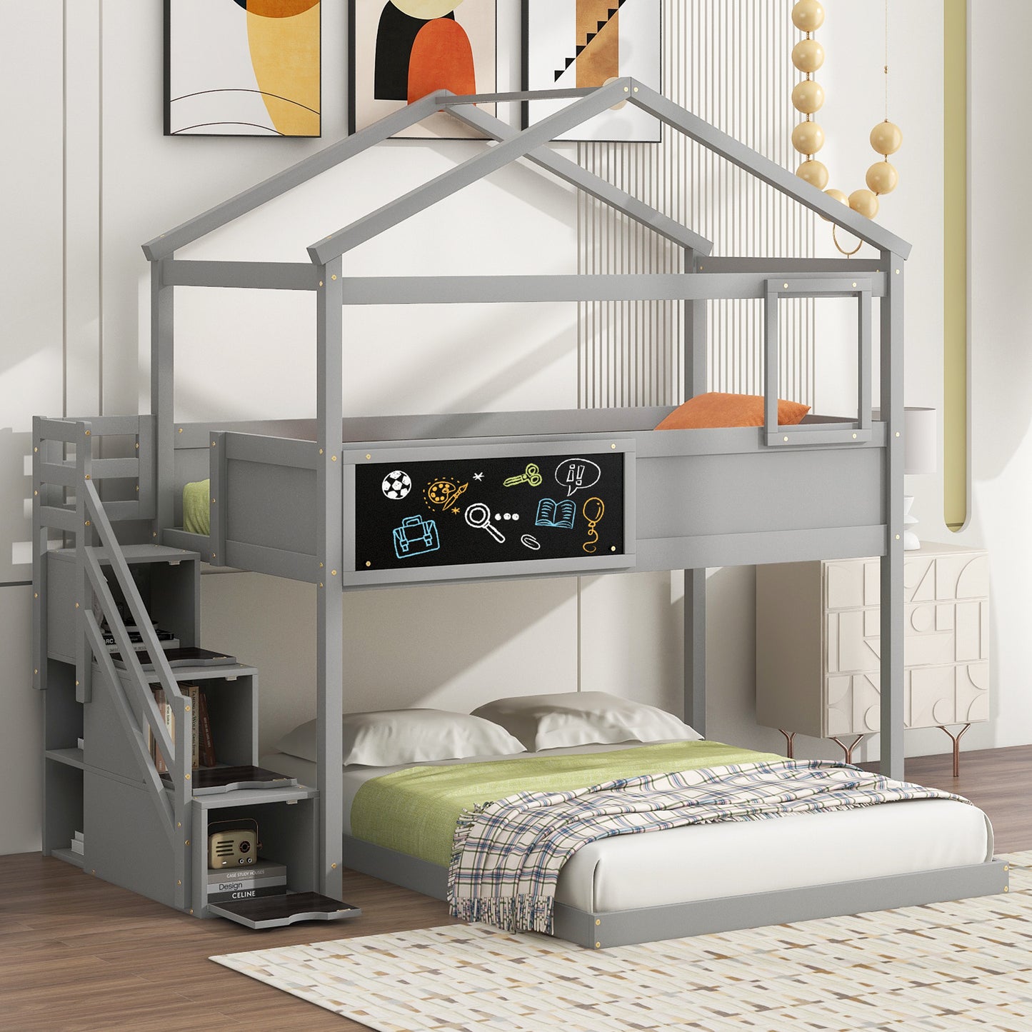 Gray wooden house loft bed with stairs and chalkboard for kids