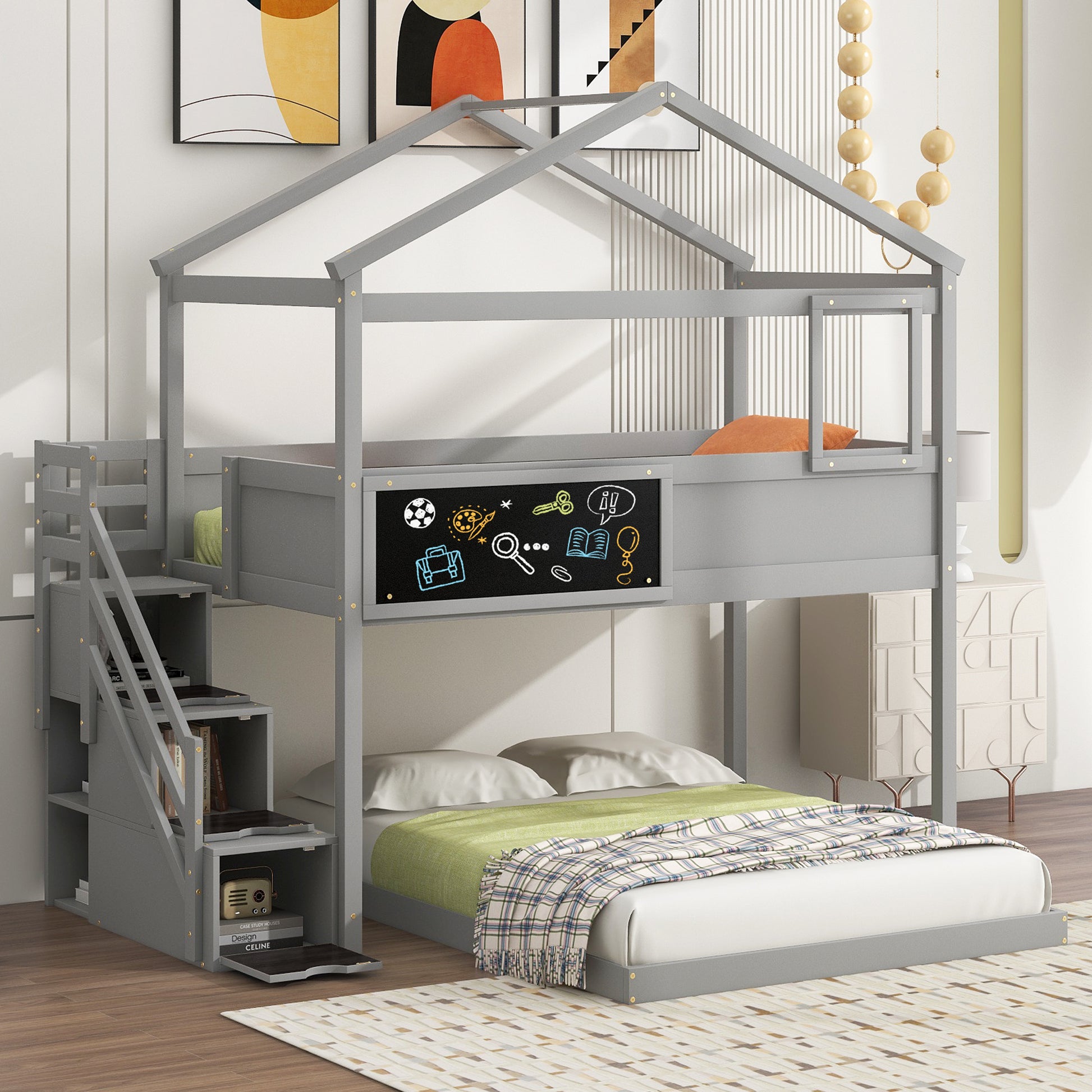 Gray wooden house loft bed with stairs and chalkboard for kids
