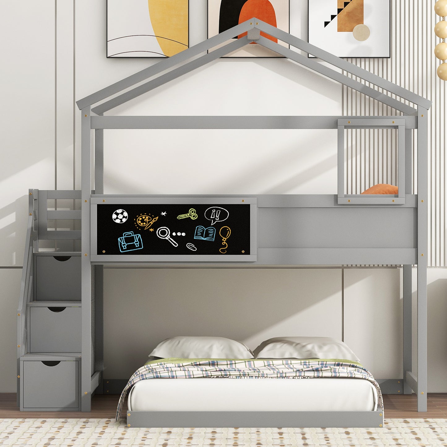 Gray wooden loft bed with chalkboard and drawers for kids room