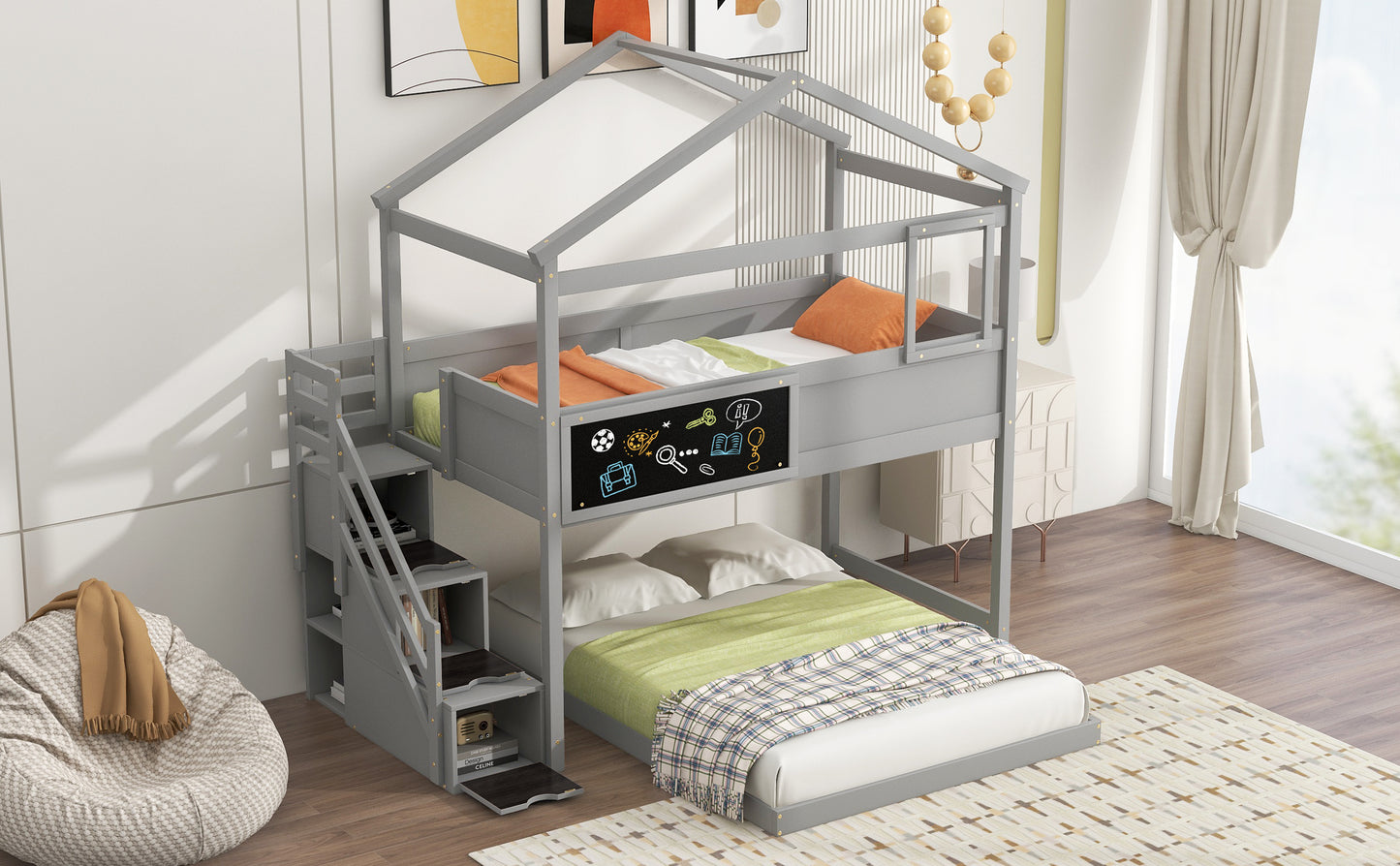 Gray wooden bunk bed with houseshaped top and chalkboard detail
