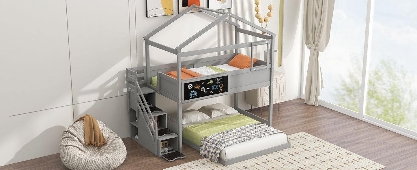 Grey wooden bunk bed with house roof design featuring stairs and a blackboard perfect for kids room