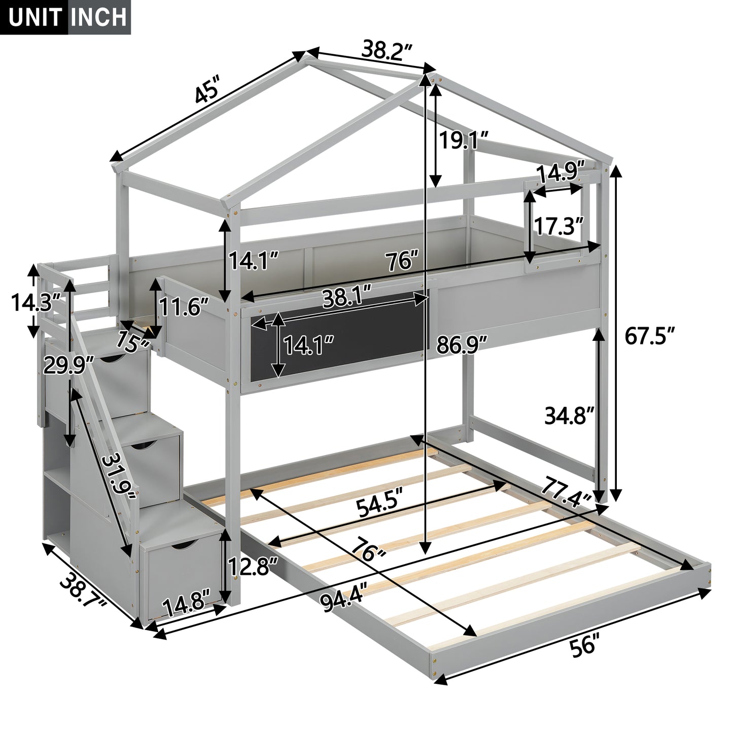Gray twin house bed with stairs and storage drawers