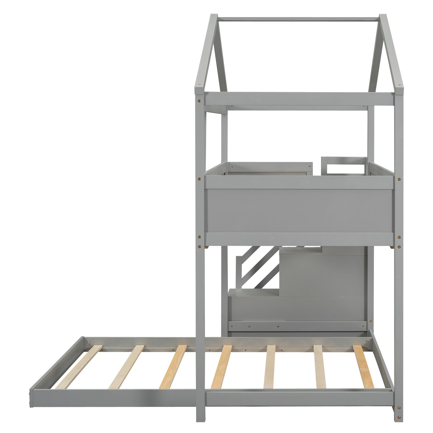 Gray wooden house twin over twin bunk bed with stairs