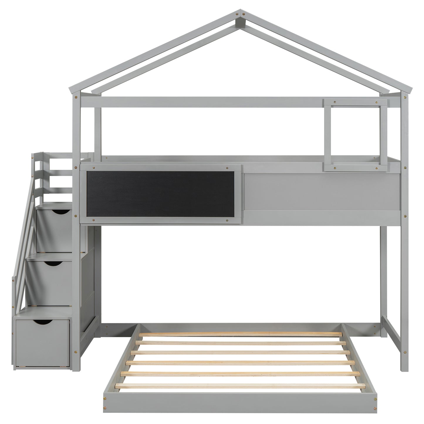 Grey wooden house loft bed with chalkboard and builtin drawers
