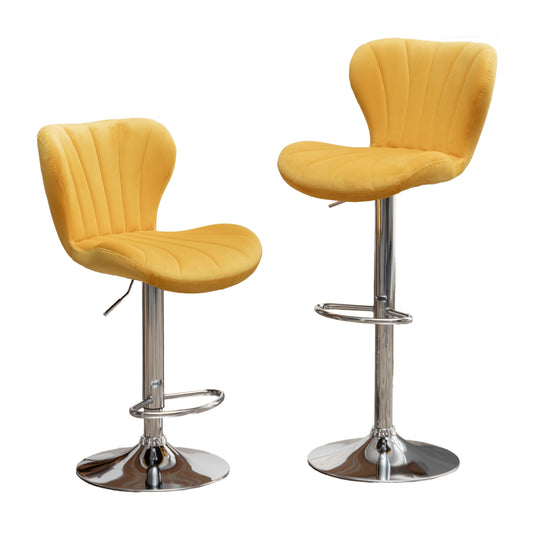 Yellow velvet bar stool with tufted seat and adjustable height chrome base